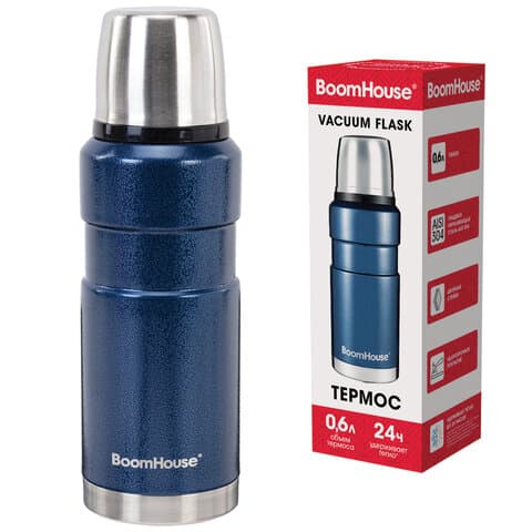 Термос 0,6 л, BOOMHOUSE (БУМХАУС) DARKBLUE, нержавеющая сталь SUS304, молотковая эмаль, крышка/кружка, синий, 700309