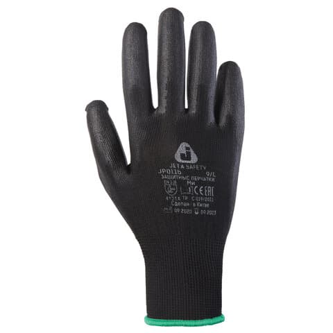 Перчатки нейлоновые JETA SAFETY, полиуретановое покрытие, КОМПЛЕКТ 12 пар, размер 9, L (большой), черные, JP011b, JP011b-L