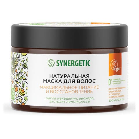 Маска для волос 300 мл, SYNERGETIC "Максимальное питание и восстановление", натуральная, 701802