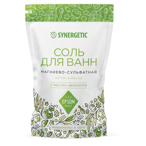Соль для ванн 1 кг, SYNERGETIC "Детокс и расслабление", магниево-сульфатная с эвкалиптом, 300013