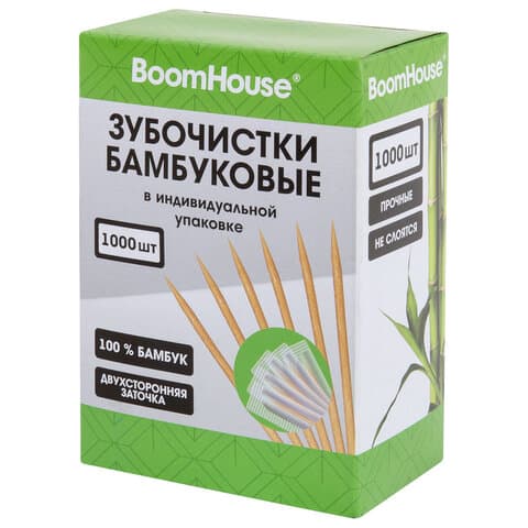 Зубочистки бамбуковые 1000 шт. в индивидуальной упаковке, BOOMHOUSE (БУМХАУС), 701950