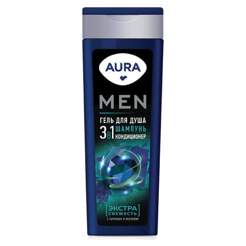 Гель для душа 3 в 1, шампунь + кондиционер 380 мл, AURA MEN "Экстра Свежесть", 13919