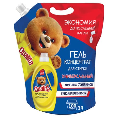 Гель для стирки универсальный 3 л, QUALITA, для всех типов тканей, концентрат, дой-пак, 11435
