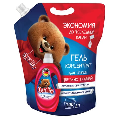 Гель для стирки цветного белья 3 л, QUALITA, концентрат, дой-пак, 14478