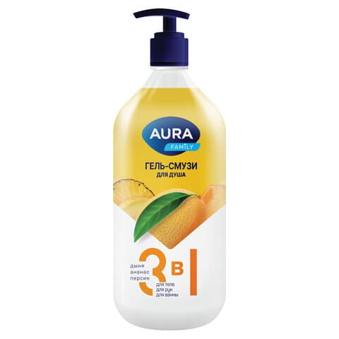 Гель-смузи для душа 3 в 1 для тела, рук и ванны 1 л, AURA FAMILY "Дыня, ананас, персик", дозатор, 14950