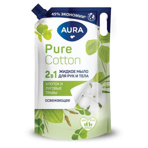 Мыло жидкое 2 в 1 для рук и тела 850 мл, AURA Pure Cotton "Хлопок и луговые травы", дой-пак, 12833
