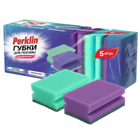 Губки бытовые 8х6х4 см, ПРОФИЛЬНЫЕ, КОМПЛЕКТ 5 шт., поролон/абразив, зеленые/сиреневые, PERKLIN, 702730