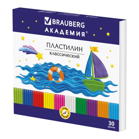 Пластилин классический BRAUBERG "АКАДЕМИЯ", 30 цветов, 600 г, со стеком, ВЫСШЕЕ КАЧЕСТВО, 105900