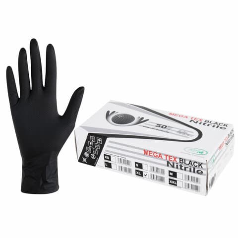 Перчатки нитриловые сверхпрочные с текстурой SFM MEGA TEX BLACK, Германия, 25 пар (50 штук), размер 9-10, XL (очень большой)