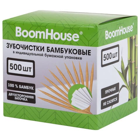 Зубочистки бамбуковые 500 шт. в индивидуальной бумажной упаковке, BOOMHOUSE (БУМХАУС), 701953